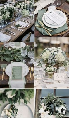 a collage of photos with flowers and greenery on the top, green napkins