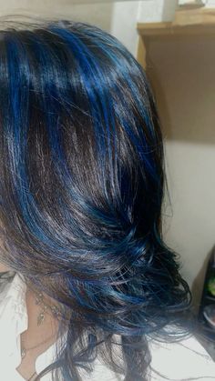 #blue #bluehighlight #bluehighlights #highlight #highlights #hairdye Blue Coloured Hair, Blue Black Hair With Blue Highlights, Blue Color Hair Highlights, Black Hair And Blue Highlights, Black And Blue Skunk Hair, Hair Dye Colors Blue, Short Black Hair With Blue Highlights, Black Hair With Midnight Blue Highlights, Blue Highlights Black Women