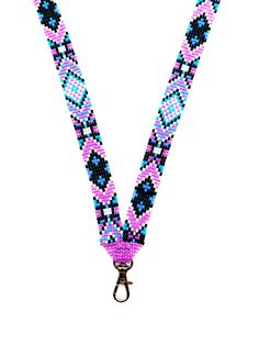 a purple and blue beaded lanyard with a black hook on the end is shown