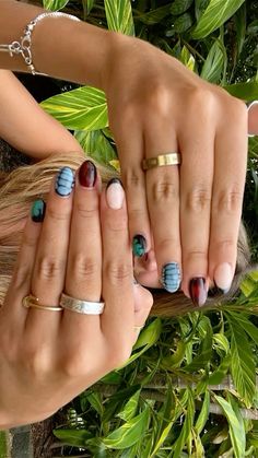 Nail Art Shorter Nails, Funky Mismatched Nails, Funky Short Nails Art Designs, Fun Square Nails, Simple Funky Nails, Nail Ideas With Designs, Funky Fall Nails, Realistic Nails, Ethereal Nails