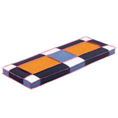 a blue, orange and white checkerboard cushion on a white background with pink trim