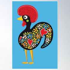 a colorful rooster with hearts on it's tail and red hat, standing in front of a blue background