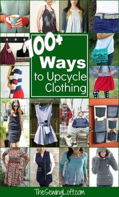 the cover of 100 ways to upcycle clothing, with images of different outfits and accessories