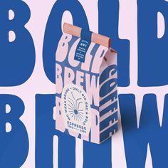 a paper bag with the word bud brew printed on it is shown in front of a blue and pink background