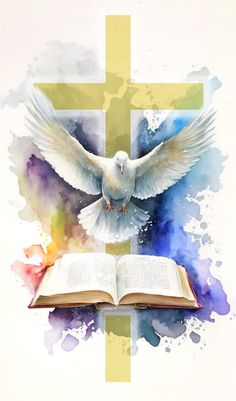 an open book with a dove flying over it and a cross painted in the background