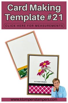 a card making template with the text, click here for measurements and an image of a flower