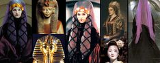 many pictures of women in ancient costumes and headdresses, including an egyptian mask