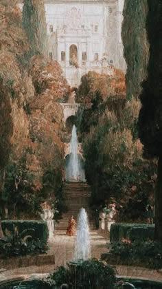 a painting of a garden with fountains and trees