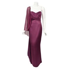 2000 Christian Dior by Galliano Purple Silk Sheer-Sleeve Asymmetric Draped Gown For Sale at 1stDibs Aesthetic Evening Dress, Christian Dior Aesthetic, Aesthetic Evening, Gowns Aesthetic, Draped Gown, Grecian Goddess, Drape Gowns, Tailored Clothes, Bill Blass