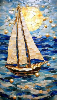 a sailboat floating in the ocean with pearls on it's sails and sun shining through