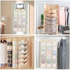 three pictures of closets with clothes hanging on them