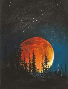 a painting of trees in the night sky