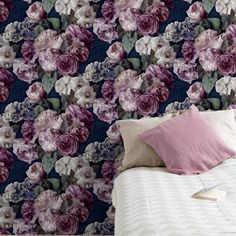 Gabrielle Floral is a dark and dramatic photographic floral wallpaper with a textured finish that will add an elegant feminine feel to any room. The sumptuous realistic blooms in soft tones contrast against a black background adding to the deep realistic look of layered oversized flowers. It can be used in any room to create a truly mesmerizing focal point including bathrooms if your feeling bold. A paste-the-wall wallpaper that removes the need for soaking making installion quick and easy. Colo Guest Room Wallpaper, Floral Design Wallpaper, Oversized Flowers, Plum Wallpaper, Purple Bedroom Decor, Uk Design, Colourful Style, Maximalist Style, Purple Bedroom