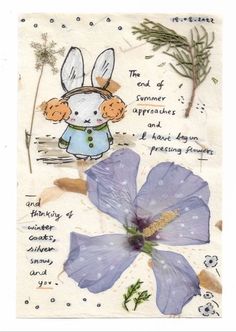 a card with an image of a bunny and flower