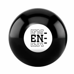 a black and white billiard ball with the word bnn on it's side