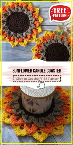 crochet sunflower candle coaster pattern with text overlay that says,'free pattern '