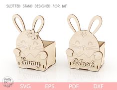 two wooden bunny shaped boxes with the words i love you and an image of a rabbit in