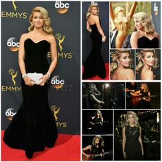 an image of a woman in black dress at the red carpet with pictures and awards