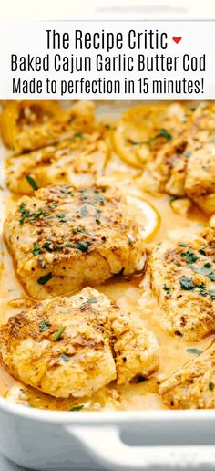 the recipe for baked cauliflower butter chicken is shown in a white casserole dish