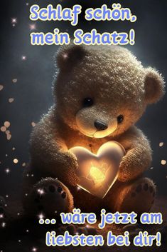 a teddy bear holding a lit heart with the words, sehly sehon mein schatz