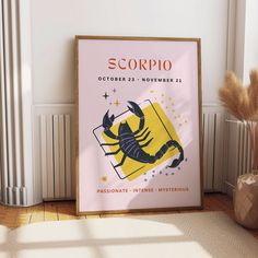 a scorpion poster on the wall next to a vase with dry grass in front of it