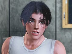 an animated image of a man in a white tank top with black hair and blue eyes