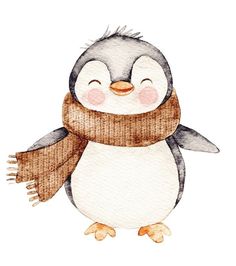 a watercolor penguin with a scarf around its neck