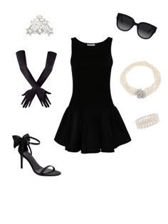 a woman's outfit and accessories including shoes, bracelets, sunglasses and necklace