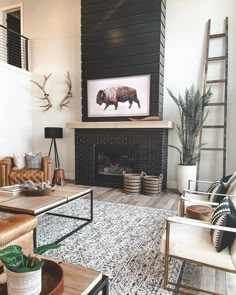 a living room filled with furniture and a fire place in front of a painting on the wall