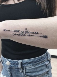 a woman's arm with an arrow tattoo on it that says, camila brunana