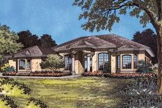 this is an artist's rendering of the front elevation of these ranch house plans