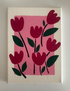 a painting with red flowers on a pink background