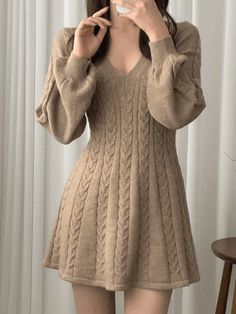 V Neck Cable Knit Long Sleeve Mini Dress - AnotherChill Winter Sweater Dresses, Sweet Clothes, Flare Long Sleeve, Mini Dresses Online, Womens Knit Dresses, Long Sleeve Knit Dress, Dress Stores Online, Long Sleeve Sweater Dress, Style Office