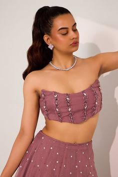 Mauve can can attached lehenga embellished by crystal and bead wave motifs. Comes with bead-crystal embellished padded corset bustier and dupatta. - Aza Fashions Embellished Lehenga, Blouse Designed, Corset Blouse, Vacuum Storage, Lehenga Blouse, Strapless Corset, Guest Attire, Sleeves Blouse, Wedding Attire Guest