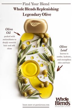 an advertisement with olives and oil on it for the whole blender's product