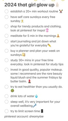 the ultimate “that girl” glow up checklist! lmk if u want part 2 since i coukd fit everything here! #fyp #thatgirl #aesthetic #glowup#tips#healthy#2024glowup#checklist#preppy Wardrobe Glow Up, Realistic Glow Up Tips, Preppy Glow Up Tips, Physical Glow Up Tips, Clean Girl Glow Up, Summer Glowup Checklist, How To Have A Glow Up In A Month, 2024 Glow Up List, Summer Glow Up Checklist 2024