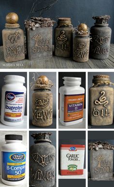 many different jars with some writing on them