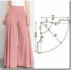 a woman wearing wide legged pants with measurements