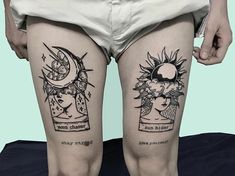 two people with tattoos on their legs, one is wearing shorts and the other has a sun