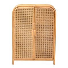 a wooden cabinet with wicker doors on the front and side panels, one door open