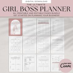 the ultimate printable girl boss planner is shown in pink and white with text that reads,