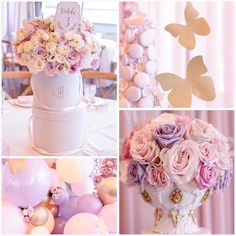 a collage of photos with balloons and flowers