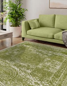 a living room with a green couch, rug and potted plant in the corner