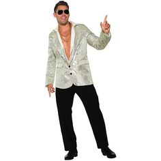 a man in a silver jacket and sunglasses making the peace sign with his hand while standing on one leg