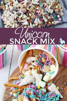 unicorn snack mix in a bowl and on a cutting board