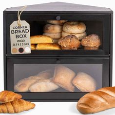 bread and pastries in a bakery display case