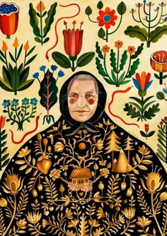 a painting of a woman surrounded by flowers and plants