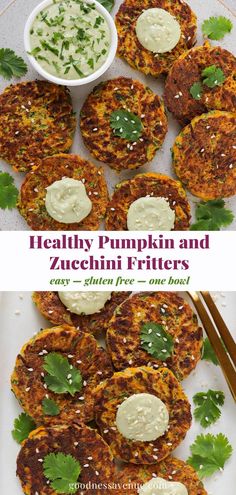 Top view of pumpkin and zucchini fritters with herb yoghurt sauce. Zuchinni Patties, Zucchini Fritters Gluten Free, Pumpkin Fritters, Gluten Free Easy, Zucchini Patties, Sweet Potato Fritters, Gluten Free Sides Dishes