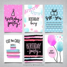 four birthday cards with different designs and words on the front, one in pink, one in blue