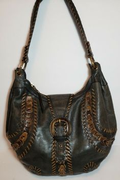 ISABELLA FIORE BLACK WOODLAND HAND STITCHED LEATHER WOOD GRAIN ACCENTED HOBO$795 | eBay Hobo Purse, Side Wall, Zippered Pouch, Leather Work, Stitching Leather, Kate Moss, Over The Top, Leather Working, Hand Stitched